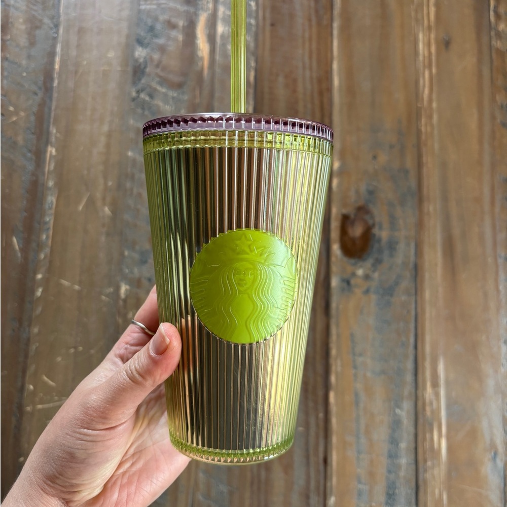 BNWT 💚💜 Starbucks 2025 Neon Transparent Lime Lilac Striped Grande Tumbler 16oz